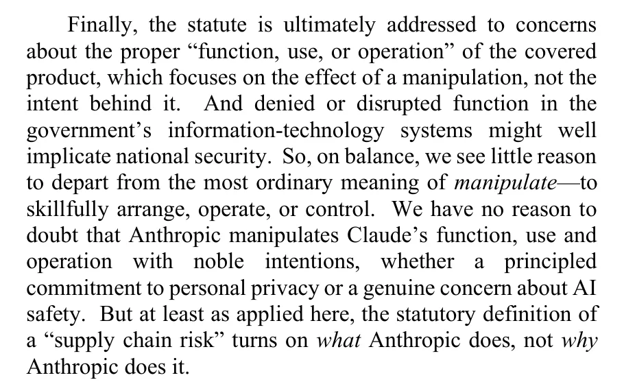 A paragraph from page 28 of the D.C. Circuit's opinion in Anthropic PBC v. Department of War, ending with the sentence: at least as applied here, the statutory definition of a supply chain risk turns on what Anthropic does, not why Anthropic does it.