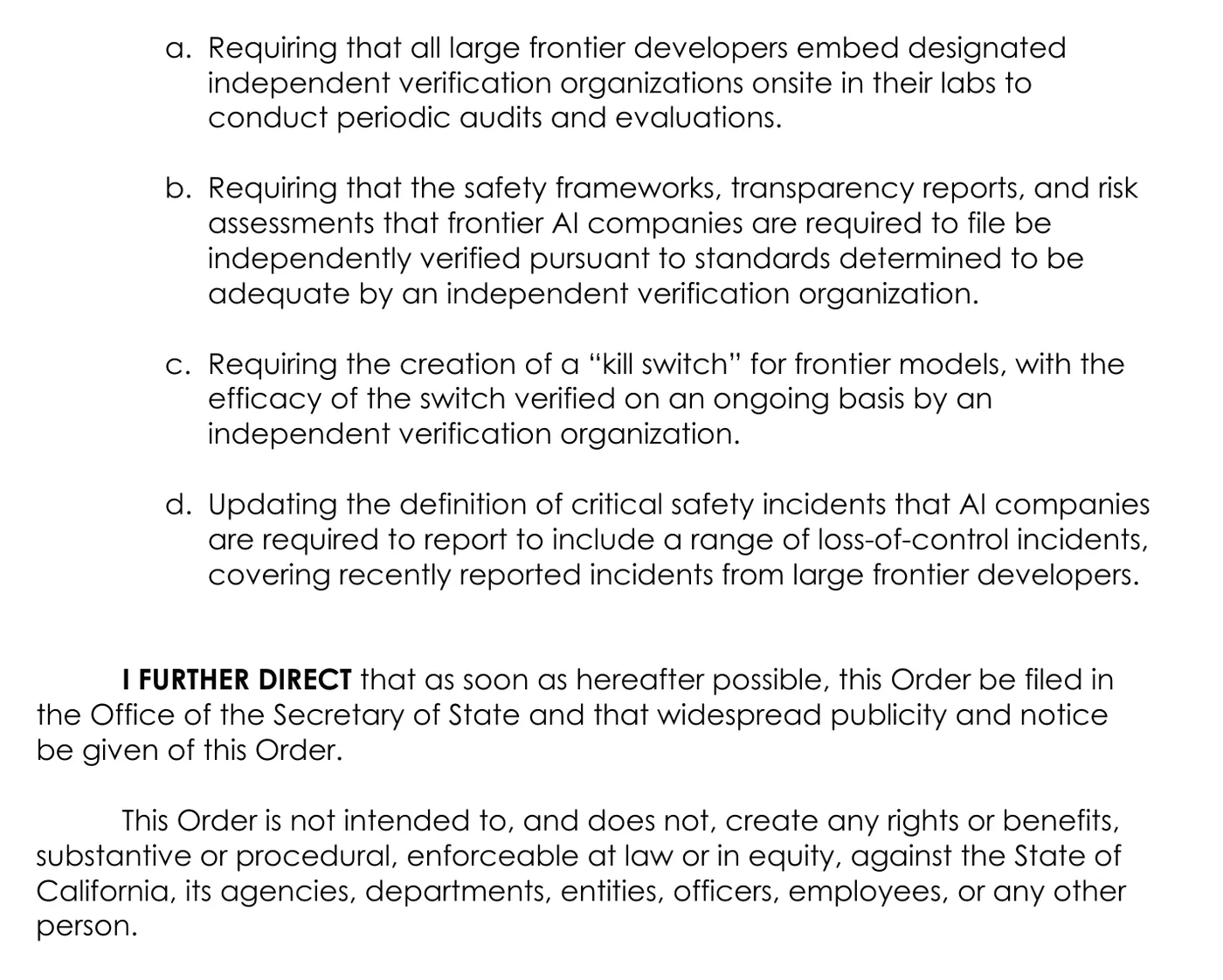 Scanned text of the executive order listing four candidate amendments labelled a through d, followed by two paragraphs directing that the order be filed with the Secretary of State and stating that it creates no enforceable rights.