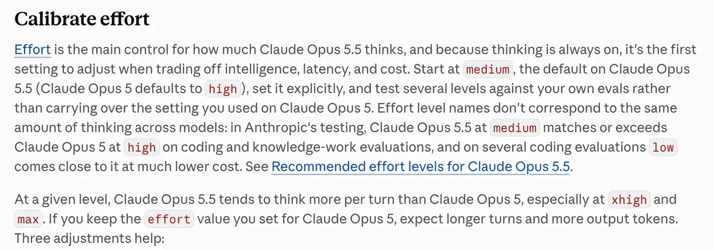 The Calibrate effort section of Anthropic's Prompting Claude Opus 5.5 guide. It says medium is the default on Opus 5.5 while Opus 5 defaults to high, that effort level names don't correspond to the same amount of thinking across models, and that at a given level Opus 5.5 tends to think more per turn than Opus 5.