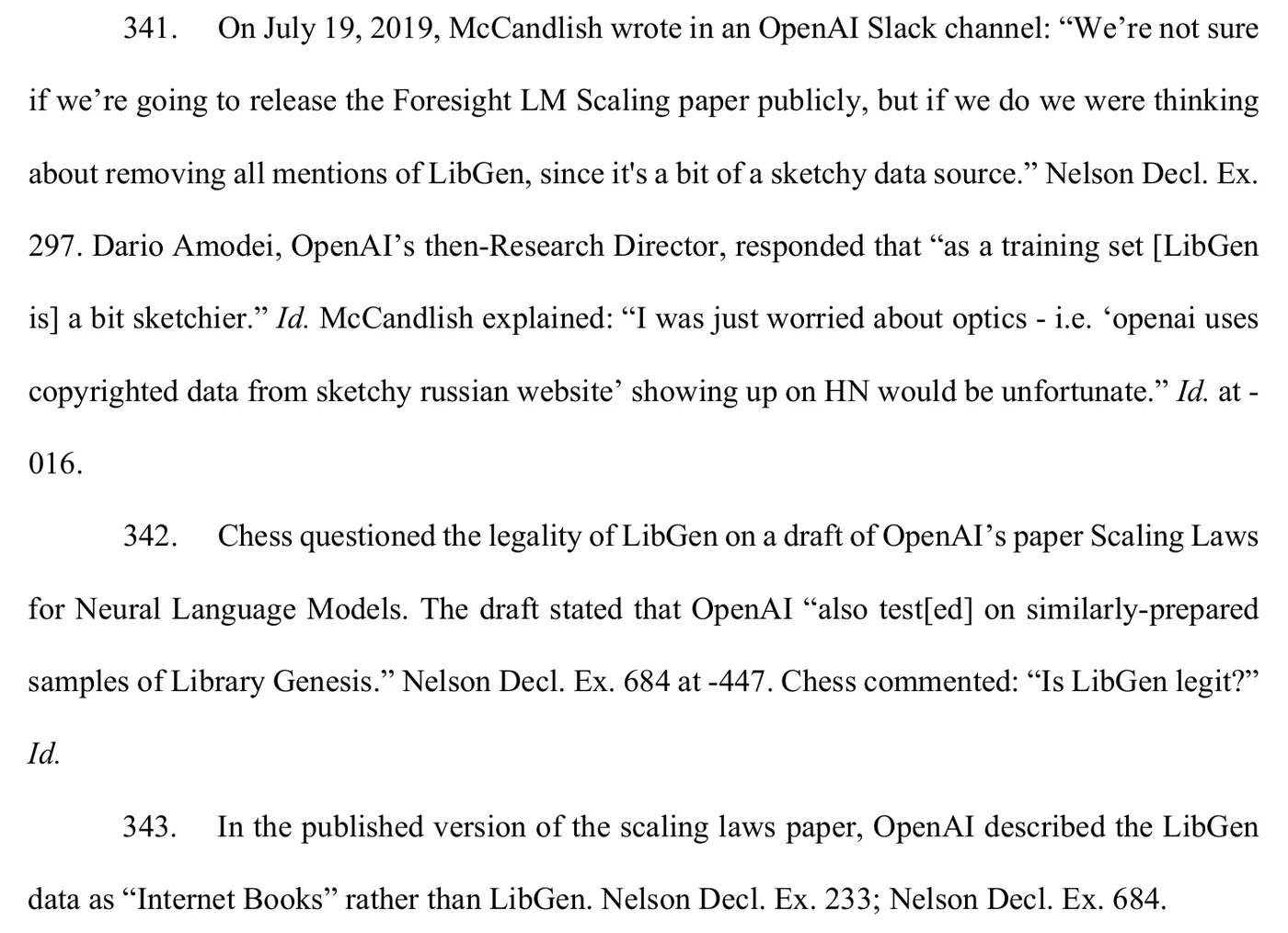 Paragraphs 341 to 343 of the class plaintiffs' Rule 56.1 statement. Paragraph 341 quotes a July 19, 2019 Slack exchange in which Sam McCandlish proposes removing all mentions of LibGen from a scaling paper, Dario Amodei calls LibGen as a training set a bit sketchier, and McCandlish says he was worried about optics. Paragraph 343 says the published scaling-laws paper described the LibGen data as Internet Books.